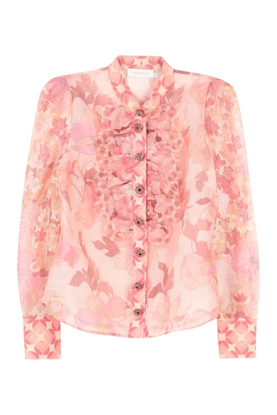Shop Zimmermann Concert Printed Frill Blouse In Pink