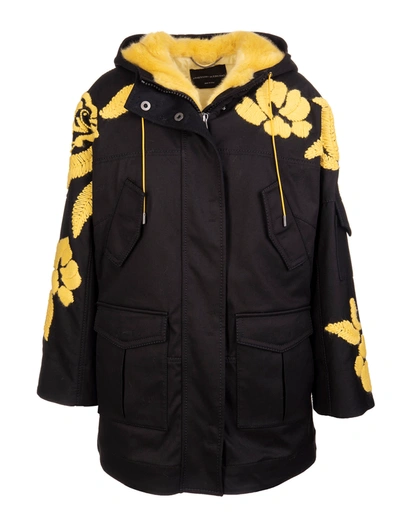 Shop Ermanno Scervino Black Parka With Contrast Faux Fur And Embroidery In Nero/giallo