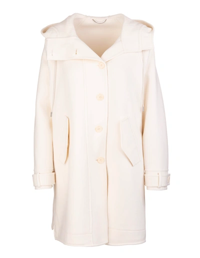 Shop Ermanno Scervino Ivory Wool Coat With Hood And Side Slits