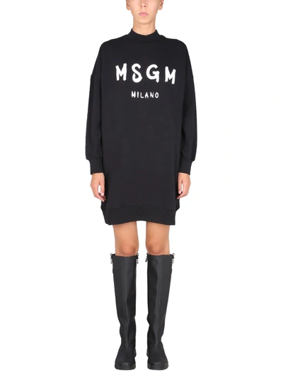 Shop Msgm Dress With Brushed Logo Print In Nero