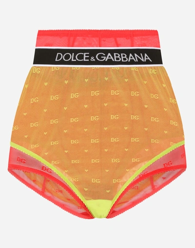Shop Dolce & Gabbana Jacquard Tulle Briefs/high-waisted Panties With Branded Elastic In Multicolor