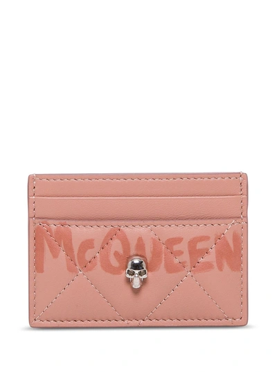 Shop Alexander Mcqueen Pink Leather Card Holder With Logo