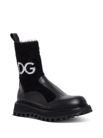 Shop Dolce & Gabbana Black Leather And Fabric Boots With Logo