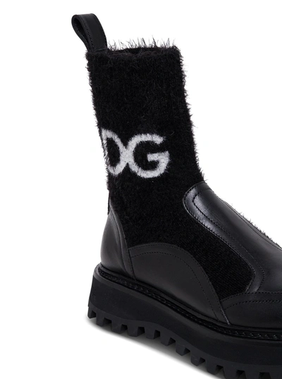 Shop Dolce & Gabbana Black Leather And Fabric Boots With Logo