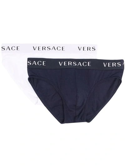 Shop Versace Logo Band Two-pack Briefs In Blue