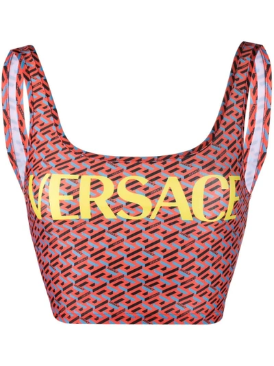 Shop Versace La Greca Swimsuit Top In Rot