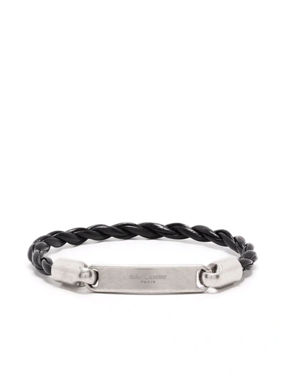 Shop Saint Laurent Logo-plaque Leather Bracelet In Schwarz