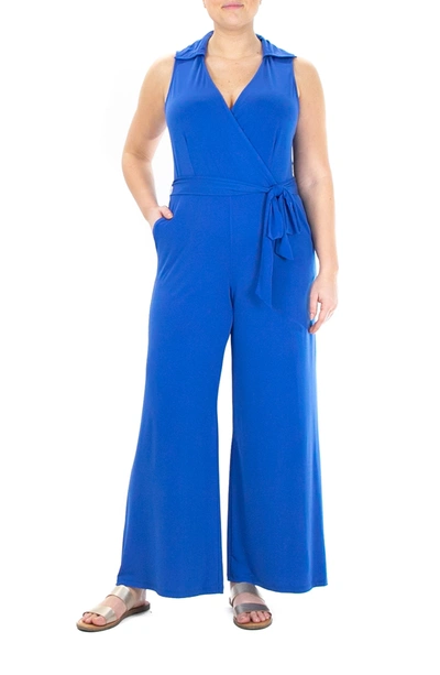 Shop Nina Leonard Solid Tie Waist Jumpsuit In Cobalt