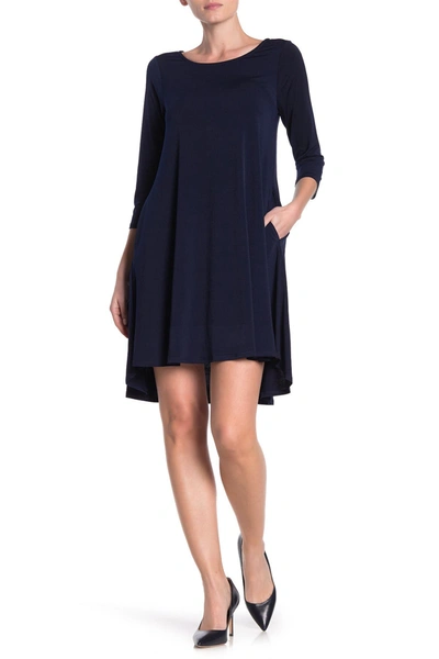 Shop Nina Leonard Three-quarter Sleeve Stretch Knit Trapeze Dress In Navy