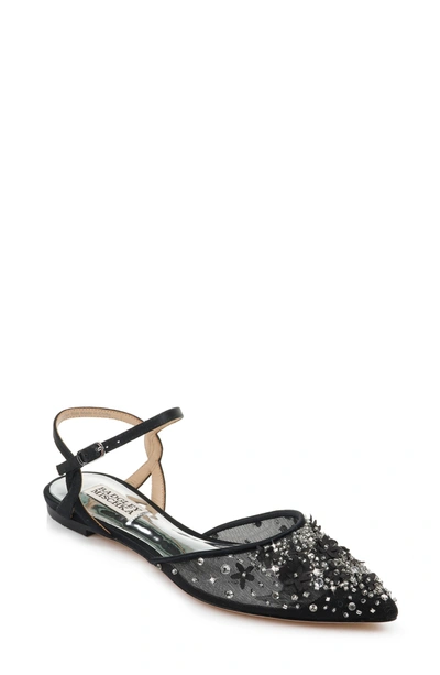Shop Badgley Mischka Collection Carissa Embroidered Pointed Toe Flat In Black Satin