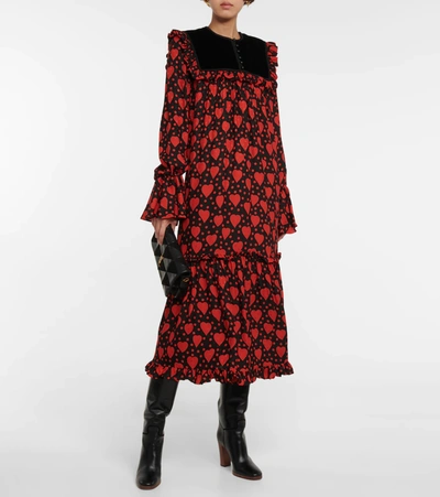 Shop Saint Laurent Printed Silk Midi Dress In Red