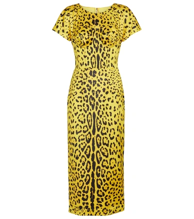 Shop Dolce & Gabbana Leopard-print Satin Midi Dress In Yellow