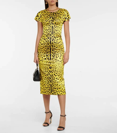Shop Dolce & Gabbana Leopard-print Satin Midi Dress In Yellow