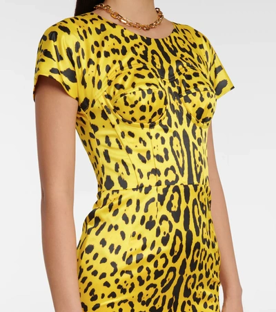 Shop Dolce & Gabbana Leopard-print Satin Midi Dress In Yellow