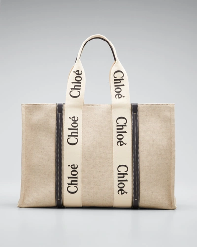 Shop Chloé Woody Large Tote Bag In Linen In White/blue