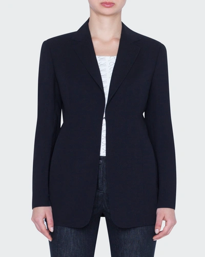 Shop Akris Odette Long Wool Blazer Jacket In Navy