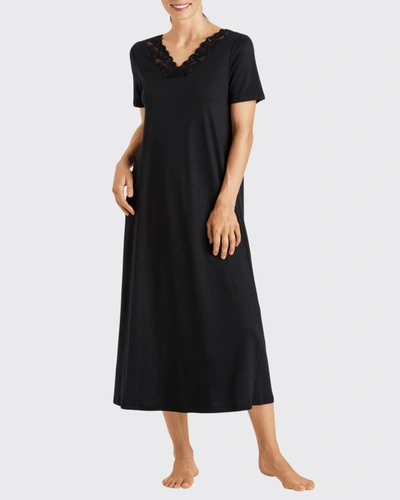 Shop Hanro Moments Short-sleeve Long Nightgown In Black
