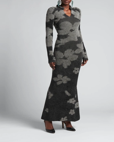 Shop Giorgio Armani Flower-print Ribbed Maxi Dress In Dark Gray