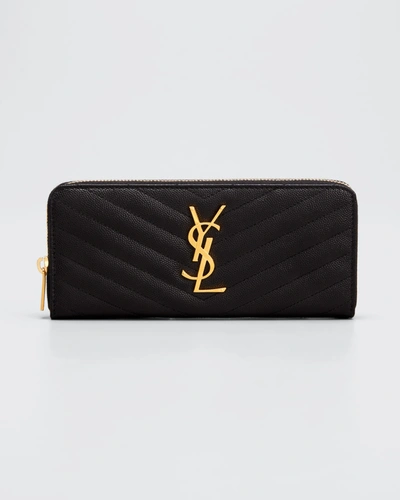 Shop Saint Laurent Ysl Monogram Large Zip Wallet In Grained Leather In Black