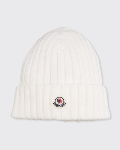 Shop Moncler Wool Ribbed Beanie In White