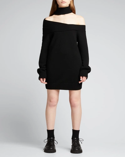 Shop Monse Ribbed Off-the-shoulder Wool Sweater Dress In Black