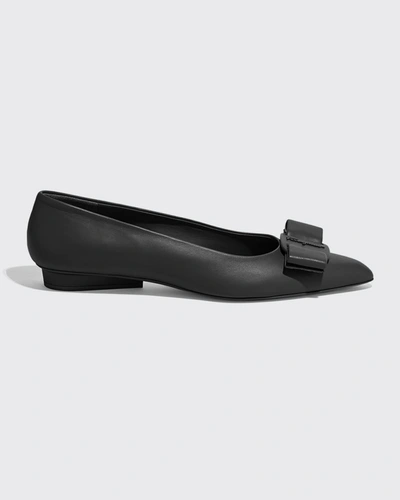 Shop Ferragamo Viva 20 Pointed Vara Bow Ballerina Flats In Nero Nappa