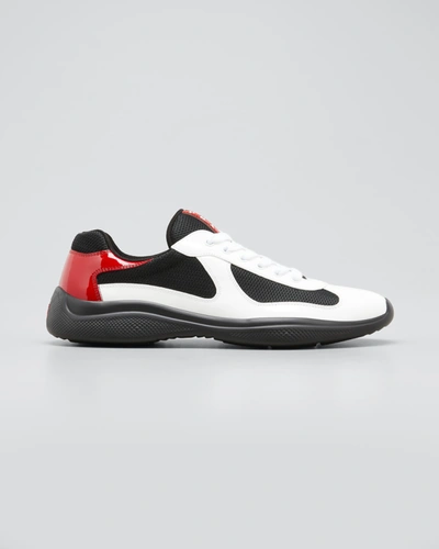 Shop Prada Men's New America's Cup Leather Low-top Sneakers In Bianco Rosso