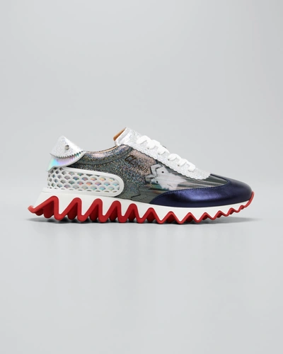 Shop Christian Louboutin Loubishark Donna Iridescent Red Sole Runner Sneakers In Blue/silver