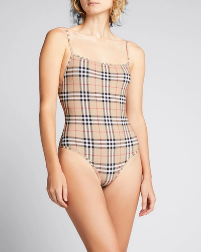 Shop Burberry Delia Plaid-print One-piece Swimsuit In Antique Yellow Ch