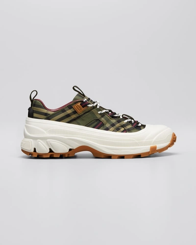 Shop Burberry Men's Check-print Low-top Chunky Sneakers In Military Green