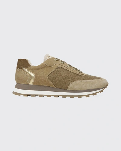 Shop Veronica Beard Hartley Mixed Leather Shearling Runner Sneakers In Sand/gold
