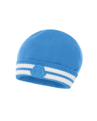 Shop Moncler Kid's Rib Knit Logo Beanie In 722 Light Blue