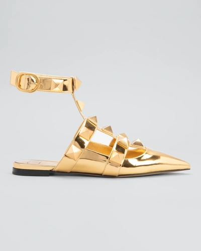 Shop Valentino Roman Stud Metallic Ankle-strap Ballerina Flats In Gold
