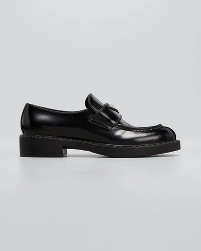 Shop Prada Leather Triangle Logo Loafers In Nero