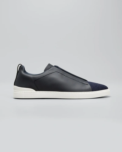 Shop Ermenegildo Zegna Men's Flannel & Leather Low-top Sneakers In Dark Blue