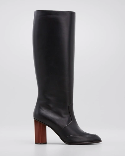 Shop Loro Piana Calf Leather Column-heel Knee Boots In 8000 Black