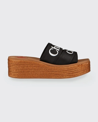 Shop Chloé Woody Logo Canvas Wedge Espadrilles In Black