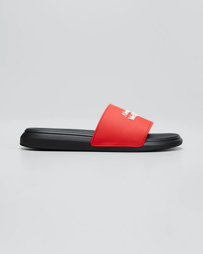 Shop Alexander Mcqueen Men's Logo Pool Slide Sandals In Red/white