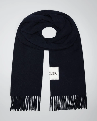 Shop Moncler Men's Fringe Wool Scarf In Navy