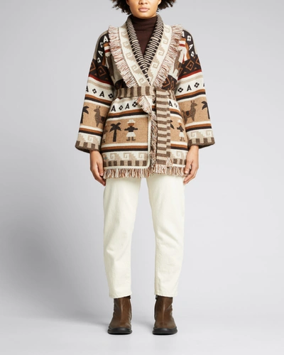 Shop Alanui Long Way To Ushuaia Jacquard Belted Cardigan Sweater In Beige