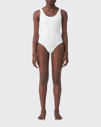 Shop Burberry Logo Graphic Stretch Nylon Swimsuit In White