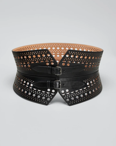 Shop Alaïa Lasercut Wide Two-buckle Leather Corset Belt In Noir