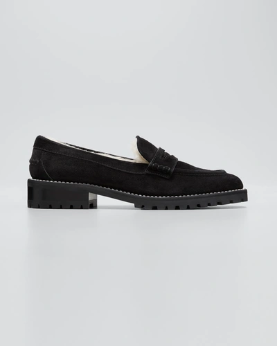 Shop Jimmy Choo Deanna Suede Shearling Penny Loafers In Blacknatural