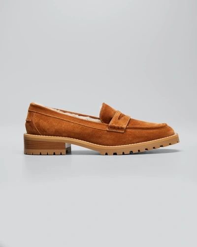 Shop Jimmy Choo Deanna Suede Shearling Penny Loafers In Tan/natural