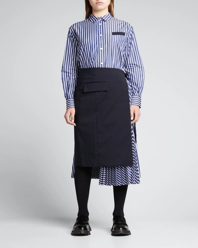 Shop Sacai Striped Suiting-mix Shirtdress W/ Wrap Skirt In Navy Stripe