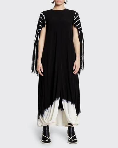 Shop Proenza Schouler Cape-sleeve Tie-dye Fringe Maxi Dress In Black Multi