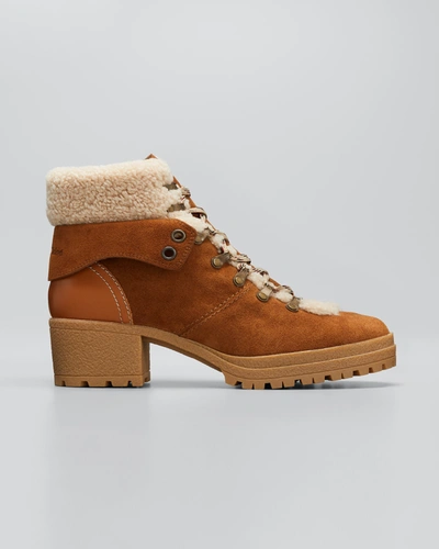 Shop See By Chloé Eileen Mixed Leather Shearling Hiker Booties In Tan