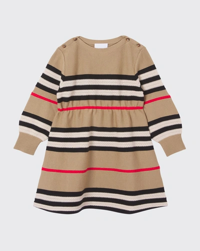 Shop Burberry Girl's Leeta Rib Knit Icon Stripe Dress In Archive Beige