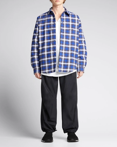 Shop Balenciaga Men's Plaid Flannel Padded Shirt Jacket In Blu/navy