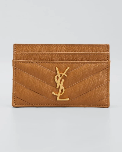 Shop Saint Laurent Monogramme Grain De Poudre Leather Card Case, Golden Hardware In Naturel Dark